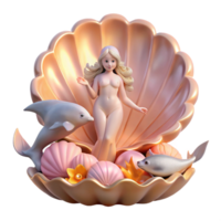 extraordinary abstract A serene Aphrodite emerging from a giant scallop shell, surrounded by playful dolphins, bathed in the warm glow of dawn. Romantic, Rococo style exclusive png