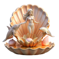 impressive artistic A serene Aphrodite emerging from a giant scallop shell, surrounded by playful dolphins, bathed in the warm glow of dawn. Romantic, Rococo style high quality png