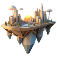 impressive creative Floating island city, interconnected by bridges and walkways, sunset casting long shadows, science fiction style high resolution png