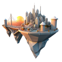 serene modern Floating island city, interconnected by bridges and walkways, sunset casting long shadows, science fiction style genuine png