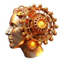 impressive contemporary A complex network of interconnected gears and cogs forming the shape of a human head, illuminated by a warm, golden light, in a steampunk style exclusive png