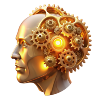 beautiful rustic A complex network of interconnected gears and cogs forming the shape of a human head, illuminated by a warm, golden light, in a steampunk style original png