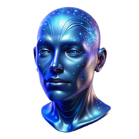 wonderful minimalist A holographic projection of a human face composed of swirling particles of light, illuminated by a cool, blue light, in a digital art style professional png