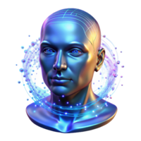 beautiful minimalist A holographic projection of a human face composed of swirling particles of light, illuminated by a cool, blue light, in a digital art style authentic png
