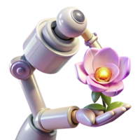 vibrant modern A robotic arm holding a delicate flower, illuminated by soft, natural light, in a surreal style authentic png