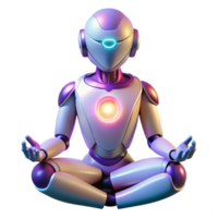 imponerande traditionell en humanoid robot mediterar i en lotus placera, upplyst förbi en mjuk, eterisk glöd, i en andlig, trogen stil detaljerad png