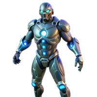 vibrante creativo un futurista exoesqueleto traje mejorando humano fuerza y agilidad, iluminado por dinámica, cambiando luces, en un cyberpunk estilo auténtico png