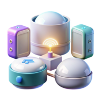 beautiful minimalist A group of interconnected smart home devices, illuminated by soft, ambient lighting, in a home automation, realistic style high resolution png