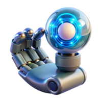 magnificent vintage A chrome and glass robotic hand delicately holding a glowing orb of data, intricate circuitry visible beneath the translucent skin, lit by soft blue neon light, cyberpunk style 4K png