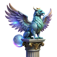 beautiful artistic A majestic griffin with iridescent feathers, perched atop a crumbling marble pillar, lit by a single shaft of ethereal moonlight, in the style of a Pre-Raphaelite painting premium png
