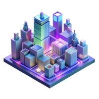 serene modern A futuristic cityscape composed entirely of interconnected circuit boards and glowing data streams, viewed from a low angle, vibrant neon colors, isometric style high resolution png