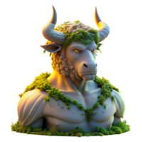 magnificent traditional A stoic, marble statue of a Minotaur, slowly crumbling and overgrown with vibrant moss and vines, lit by the warm glow of a setting sun, in a hyperrealistic style original png