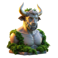 dramatic modern A stoic, marble statue of a Minotaur, slowly crumbling and overgrown with vibrant moss and vines, lit by the warm glow of a setting sun, in a hyperrealistic style detailed png