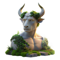 serene creative A stoic, marble statue of a Minotaur, slowly crumbling and overgrown with vibrant moss and vines, lit by the warm glow of a setting sun, in a hyperrealistic style detailed png