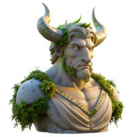 vibrant contemporary A stoic, marble statue of a Minotaur, slowly crumbling and overgrown with vibrant moss and vines, lit by the warm glow of a setting sun, in a hyperrealistic style detailed png
