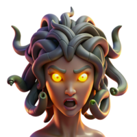 impressive contemporary A fierce Medusa with snakes writhing in her hair, their eyes glowing menacingly, illuminated by flickering torchlight, in a dark, gothic style original png