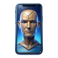 serene modern A cracked smartphone screen displaying a fragmented image of a human face, dramatic lighting, surreal style genuine png