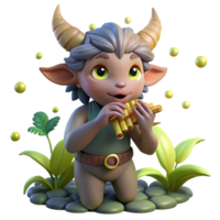 serene modern A mischievous satyr playing a pan flute, surrounded by playful woodland sprites, lit by fireflies, in a vibrant, Impressionist painting style premium png