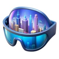 vibrant minimalist A pair of augmented reality glasses displaying a virtual cityscape, sleek design, soft blue light, product design style authentic png