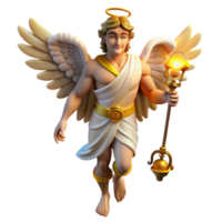 stunning classic A cunning Hermes with winged sandals, holding a caduceus, lit by the warm glow of a marketplace, in a dynamic, Renaissance painting style premium png