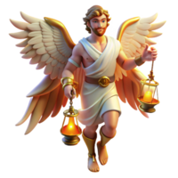 dramatic contemporary A cunning Hermes with winged sandals, holding a caduceus, lit by the warm glow of a marketplace, in a dynamic, Renaissance painting style genuine png