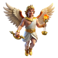wonderful contemporary A cunning Hermes with winged sandals, holding a caduceus, lit by the warm glow of a marketplace, in a dynamic, Renaissance painting style 4K png