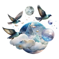 impressive rustic Watercolor Sky with Birds Flying Cutout Transparent Background original png