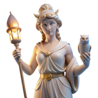 stunning minimalist A wise Athena, goddess of wisdom, holding an owl and a spear, lit by the soft glow of an oil lamp, in a serene, classical sculpture style detailed png