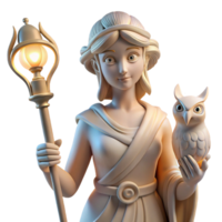 serene minimalist A wise Athena, goddess of wisdom, holding an owl and a spear, lit by the soft glow of an oil lamp, in a serene, classical sculpture style high quality png