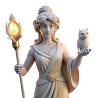 wonderful contemporary A wise Athena, goddess of wisdom, holding an owl and a spear, lit by the soft glow of an oil lamp, in a serene, classical sculpture style authentic png