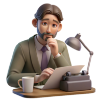 magnificent traditional Portrait of a writer sitting at a typewriter, deep in thought, lit by a soft desk lamp, in a vintage style premium png