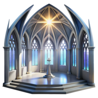 vibrant modern Gothic cathedral interior, stained glass windows depicting celestial scenes, shafts of light piercing through the darkness, ethereal atmosphere, hyperrealistic rendering high resolution png