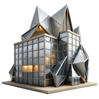 vibrant modern Deconstructivist office building, sharp angles and fragmented forms, metallic surfaces reflecting the urban landscape, dramatic lighting, abstract style authentic png