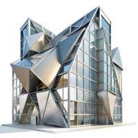 beautiful rustic Deconstructivist office building, sharp angles and fragmented forms, metallic surfaces reflecting the urban landscape, dramatic lighting, abstract style 4K png