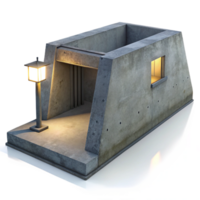 vibrant contemporary Minimalist concrete bunker, single light source casting long shadows, stark and cold atmosphere, brutalist style premium png