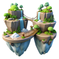 dramatic vintage Floating islands connected by bridges, lush vegetation and waterfalls, fantasy landscape exclusive png