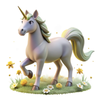 dramatic abstract A graceful unicorn with a silver coat and a golden horn, prancing in a field of glowing flowers. Soft, magical lighting. Dreamlike style detailed png