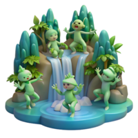 serene classic A group of playful forest sprites dancing around a mystical waterfall. Soft, diffused lighting. Impressionist style 4K png
