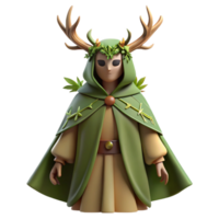 dramatic creative A mysterious druid with antlers and a cloak of woven leaves, standing in a sacred grove. Soft, dappled sunlight. Celtic style authentic png