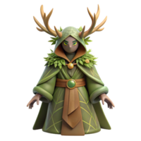 vibrant modern A mysterious druid with antlers and a cloak of woven leaves, standing in a sacred grove. Soft, dappled sunlight. Celtic style original png
