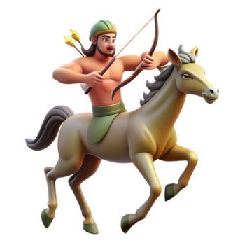 serene contemporary A wise centaur with a bow and arrow, galloping through a forest. Dynamic, action-oriented lighting. Classical mythology style 4K png