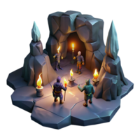 stunning abstract A group of adventurers exploring a dark and mysterious cave, lit by flickering torches. Dramatic, chiaroscuro lighting. Dungeon crawler style premium png