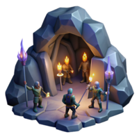 wonderful rustic A group of adventurers exploring a dark and mysterious cave, lit by flickering torches. Dramatic, chiaroscuro lighting. Dungeon crawler style premium png