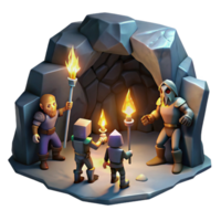 stunning contemporary A group of adventurers exploring a dark and mysterious cave, lit by flickering torches. Dramatic, chiaroscuro lighting. Dungeon crawler style professional png