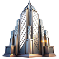 extraordinary contemporary Art Deco skyscraper, chrome and glass, intricate geometric patterns, sharp lines, volumetric lighting, dusk, cinematic angle, high quality png