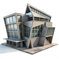 vibrant modern Deconstructivist office building, tilted planes, intersecting volumes, concrete and steel, dramatic shadows, overcast sky, architectural rendering, premium png