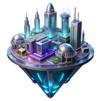 magnificent minimalist Futuristic floating city, sleek metallic structures, glowing neon accents, aerial view, cyberpunk style, night scene, high resolution png