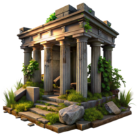 wonderful rustic Ruined ancient temple, overgrown with vegetation, crumbling stone columns, dramatic sunset lighting, mysterious atmosphere, digital painting, detailed png