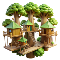 impressive minimalist Treehouse village, interconnected wooden platforms, rope bridges, lush forest setting, dappled sunlight, whimsical atmosphere, fantasy art style, detailed png