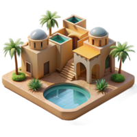 dramatic vintage Desert oasis resort, adobe structures, reflecting pools, palm trees, intense sunlight, tranquil atmosphere, architectural visualization, professional png